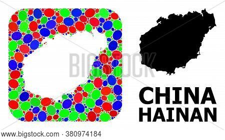 Vector Mosaic And Solid Map Of Hainan Island. Bright Geographic Map Created As Hole From Rounded Squ