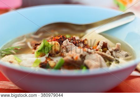 Delicious And Affordable Beef Noodle Soup. A Common Street Food In Thailand That You Can Get From Ma