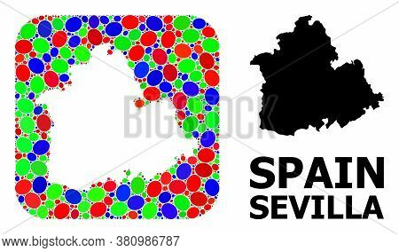 Vector Mosaic And Solid Map Of Sevilla Province. Bright Geographic Map Designed As Stencil From Roun
