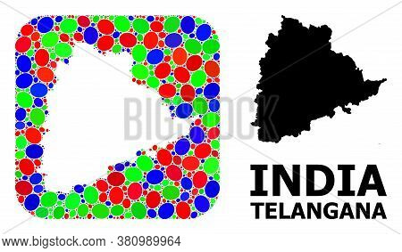 Vector Mosaic And Solid Map Of Telangana State. Bright Geographic Map Designed As Stencil From Round