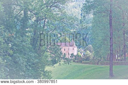 Deserted Park In France In Faded Color Effect. Castle In Medieval French City Of Florac