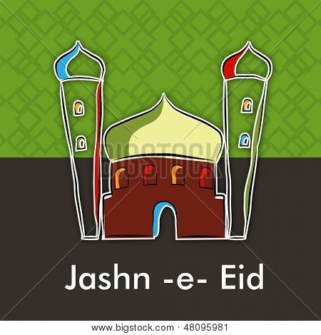 Jashn-e-Eid (Celebration of festival Eid) text with illustration of mosque on abstract green and grey background. 