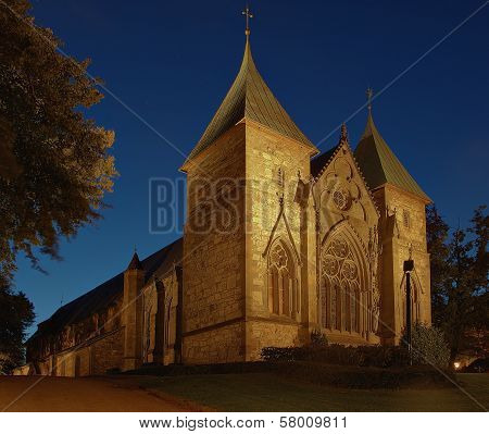 Cathedral At Night In Stavanger, Norway.