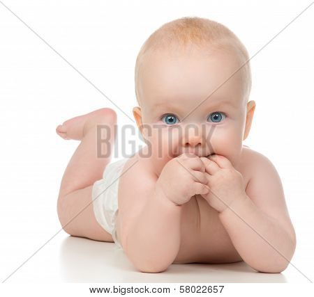 Infant Child Baby Girl Lying With Hands In The Mouth