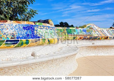 Decorative bench with a mosaic in Park Guell