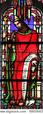 PARIS, FRANCE - NOV 11, 2012: King Solomon, stained glass from Church of St-Germain-l'Auxerr ois founded in the 7th century, was rebuilt many times over several centuries. 
