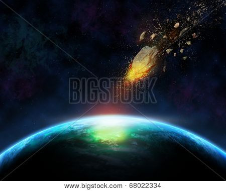 Space scene background with blazing meteorite about to hit a fictional planet