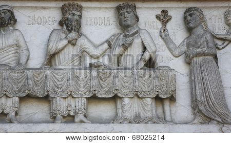 PARMA, ITALY - MAY 01, 2014: Detail of marble carvings on the baptistery from Benedetto Antelami. Baptistery in Parma is considered to be among the most important Medieval monuments in Europe.
