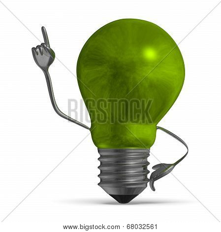 Green Light Bulb Character In Moment Of Insight Isolated