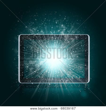 Old open book with magic light and falling stars