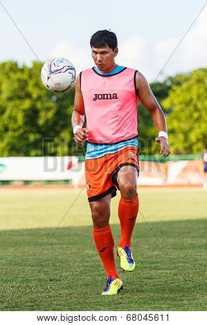 Sisaket Thailand-july 6: Chatchai Mokkasem Of Sisaket Fc. In Action During A Training Ahead Thai Pre