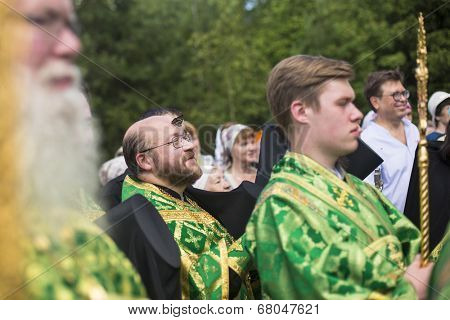 KRASNY BRONEVIK, RUSSIA - JULY 7, 2014: Celebrations commemorating the Rev. Anthony Dymsky (died 1224) in Antony Dymsky Monastery - Procession on Lake Dymsky, the great blessing of water and bathing.