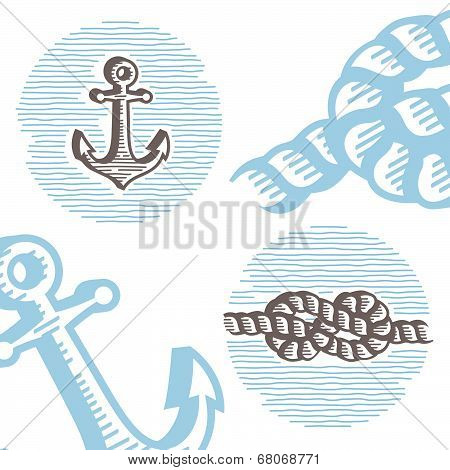 Vintage marine symbols vector icon set: engraving anchor and knot