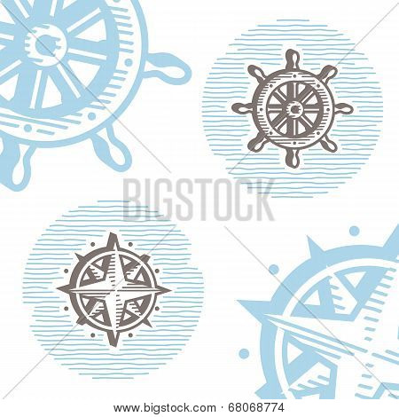 Vintage marine symbols vector icon set: engraving wheel and wind rose