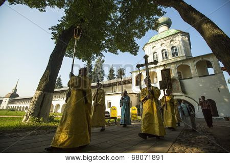 TIKHVIN, RUSSIA - JULY 9, 2014: Unidentified participants Orthodox Religious Procession on the occasion celebrations of the 10th anniversary of the return of the Tikhvin icon of the Mother of God.