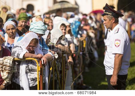 TIKHVIN, RUSSIA - JULY 9, 2014: Celebrations on the occasion of the 10th anniversary of the return of the Tikhvin icon of the Mother of God, Procession and divine Liturgy in Uspensky monastery.