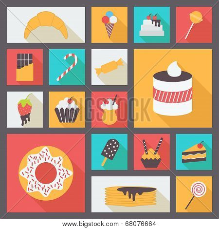 Set of various sweets for restaurant and menu. Flat design vector icons.