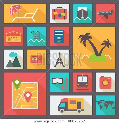 Travel and vacation icons set, flat design vector.