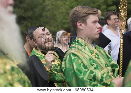 KRASNY BRONEVIK, RUSSIA - JULY 7, 2014: Celebrations commemorating the Rev. Anthony Dymsky (died 1224) in Antony Dymsky Monastery - Procession on Lake Dymsky, the great blessing of water and bathing.