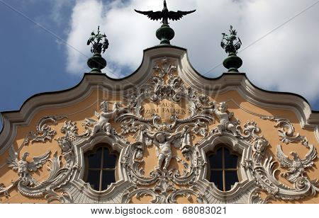 WURZBURG GERMANY - JULY 18: House of Falcon, the finest Rococo style building in the city. Erected in the 18th century reconstructed in the 1950s, on July 18, 2013 in Wurzburg, Germany