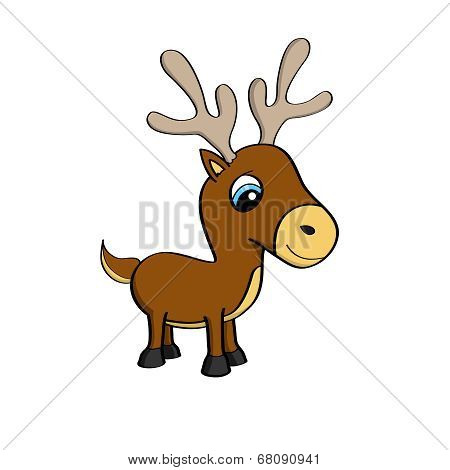 Cartoon illustration of a cute little reindeer with big blue eyes