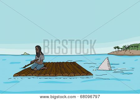 Shark Behind Man On Raft