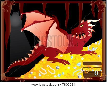 Roter Drache mit Schatz.