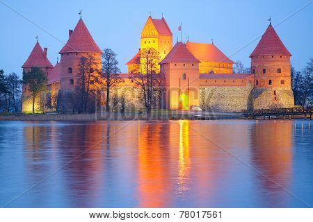 Lithuania, Trakai - November 17, 2014: Trakai Castle at night - Island castle in Trakai is a museum and a cultural center.