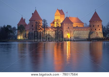 Lithuania, Trakai - November 17, 2014: Trakai Castle at night - Island castle in Trakai is a museum and a cultural center.