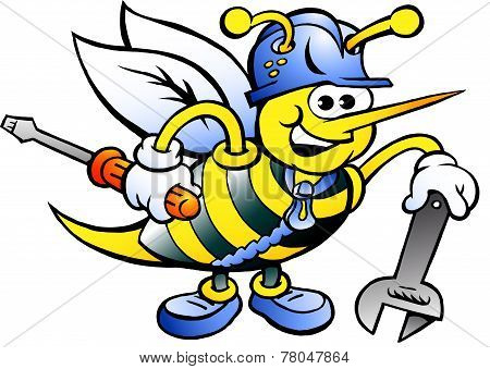 Hand-drawn Vector Illustration Of An Happy Working Bee Holding Wrench And Screw Driver