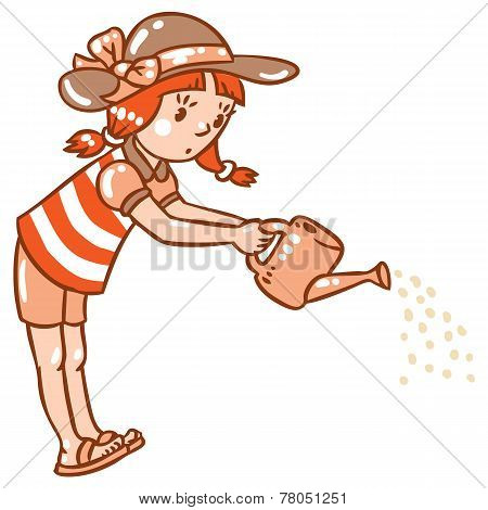 Girl Watering The Flowers