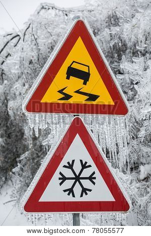 Dangerous And Icy Road With Sleet Covered Trees