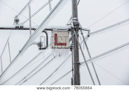 Frozen Electrical Lines For Railroad With Icicles