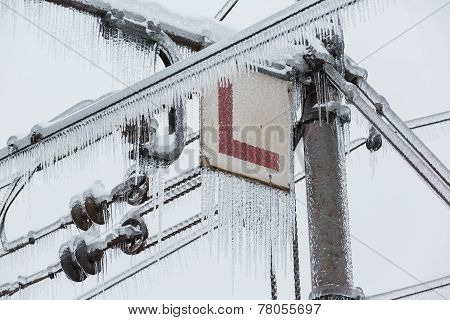 Frozen Electrical Lines For Railroad With Icicles