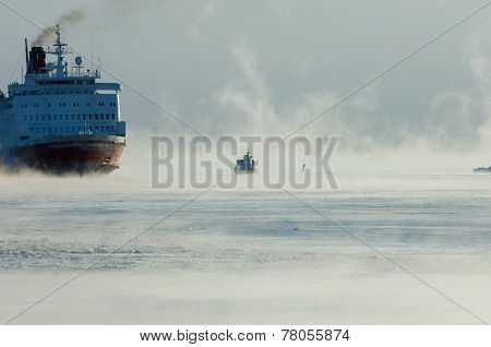 Icebreaking Ferry Arriving At Helsinki Port