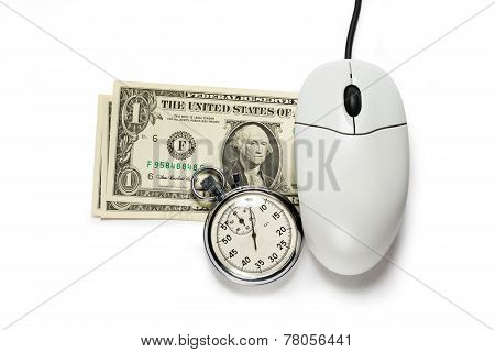 Computer Mouse With Dollar Banknotes And Stopwatch