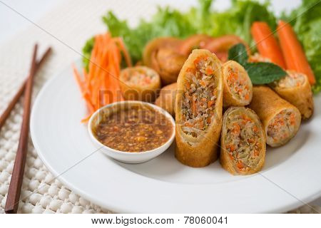 Spring Rolls With Pork Dish White Background.