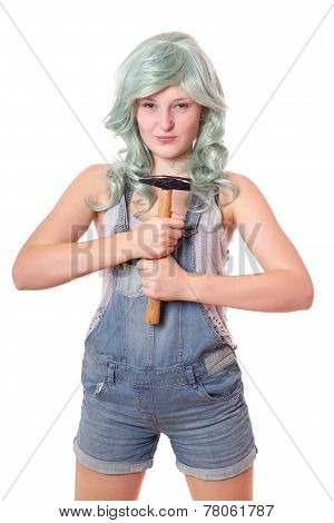 young woman with hammer