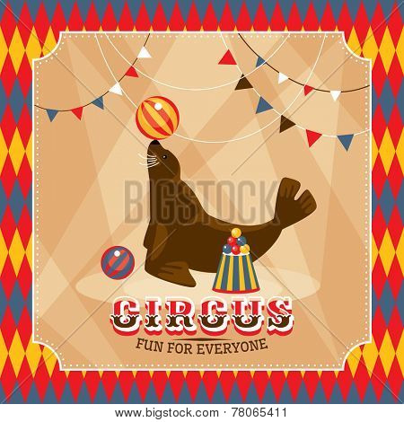 Vintage circus card with eared seal vector illustration