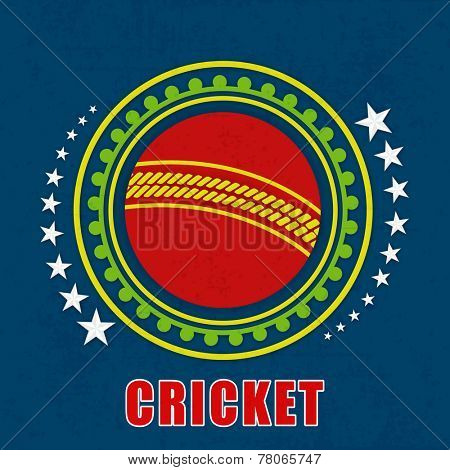 Badge design with red cricket ball and stars on grungy blue background.