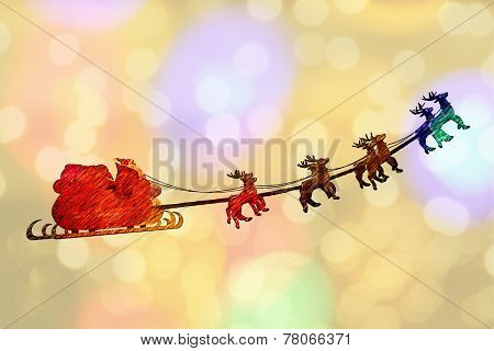 Greeting card cover of Santa Claus riding a sleigh led by reindeers
