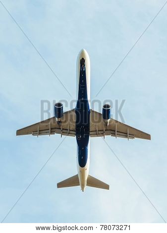 A Commercial air plane taking off.
