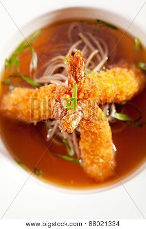 Japanese Cuisine - Soup with Deep Fried Shrimps and Noodles