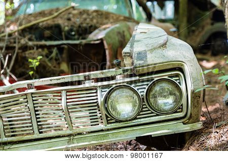 Grill On Wrecked Car In Woods