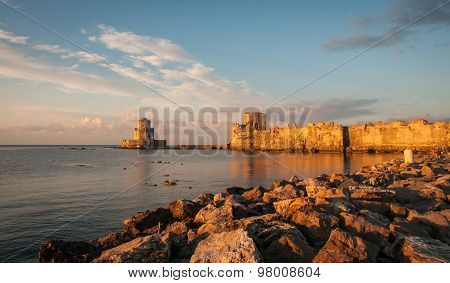 Seascape And Ruins Of Fortress Of Methoni, Peloponnese, Greece