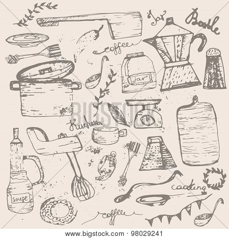 Vector Set of vintage doodle kitchen and cooking supplies with jar, pan, blender. EPS10
