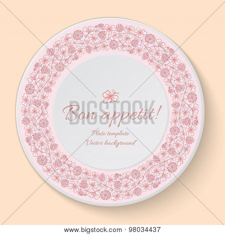 White Vector Plate With Floral Ornament. Plate Template With Clover.