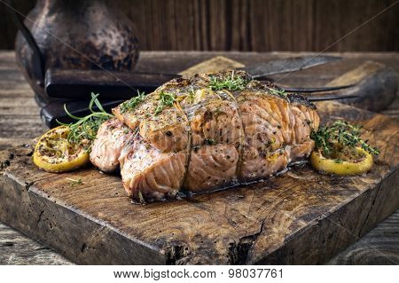 Salmon Fllet on an old rustic Cutting board
