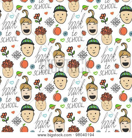 Back to school. Sketched seamless pattern with colorful school children. Funnny kids. Autumn