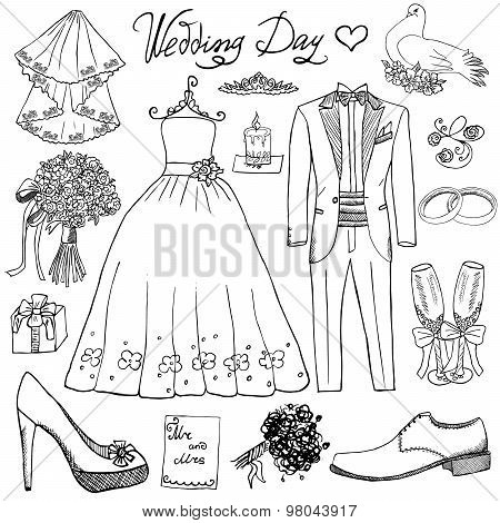 Wedding Day Elements. Hand Drawn Set With Flowers Candle Bride Dress And Tuxedo Suit, Shoes, Glasses